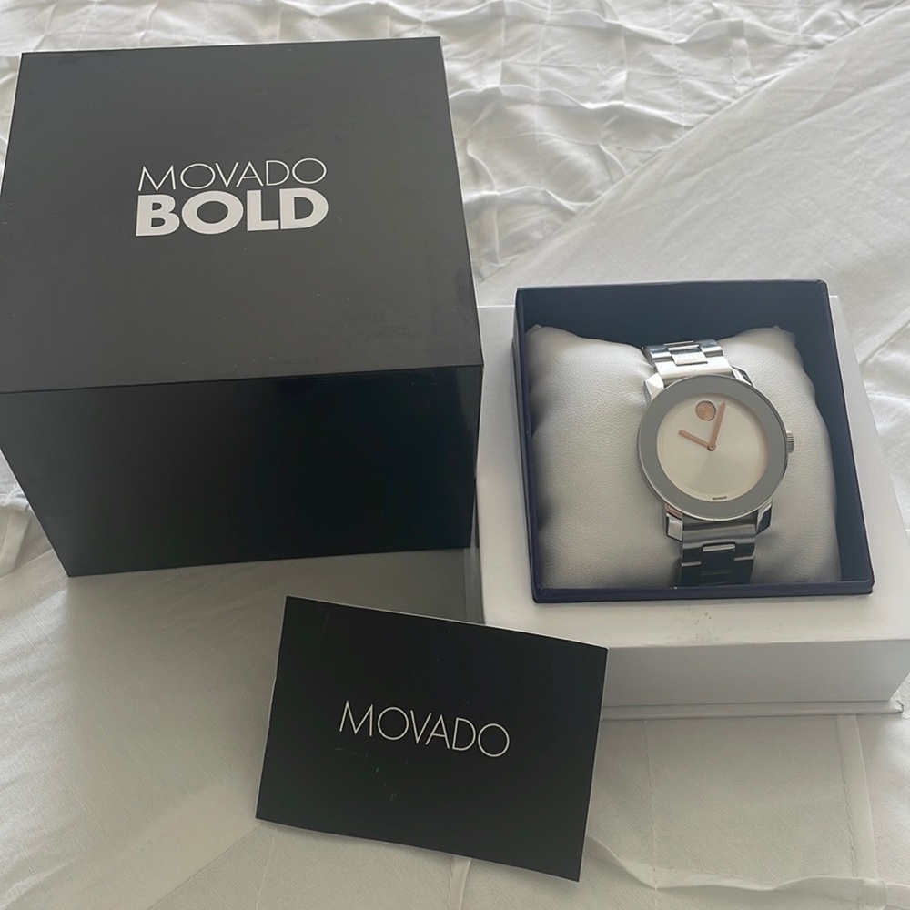 Movado Silver and Rose Gold Minimalist Bracelet Watch - Picture 2 of 8